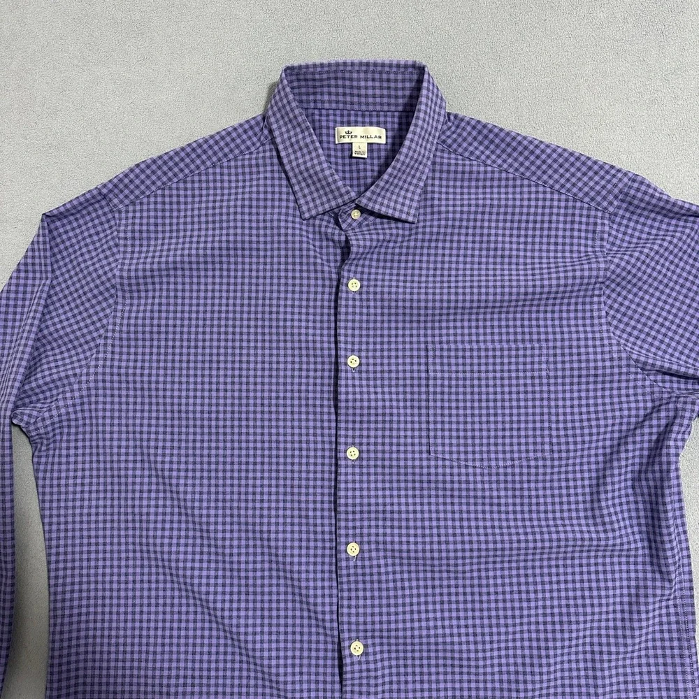 Peter Millar‎ Gingham Check Button Down Shirt Long Sleeve Purple Mens Size Large